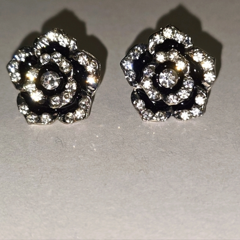 Elegant Black and Silver Floral Jeweled Earrings